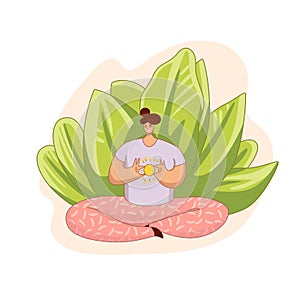 Vector cartoon flat illustration with meditating girl holding sun in her heart. Positive mood, meditation, stress