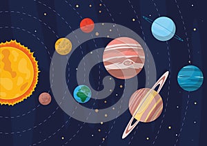 Vector cartoon flat illustration of Solar System. Map of space with planets and sun.