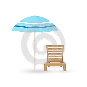 Vector cartoon flat illustration of wooden beach chair, umbrella isolated on white