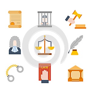 Vector cartoon flat law justice icons background