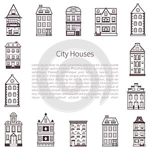 Vector cartoon flat line city houses background