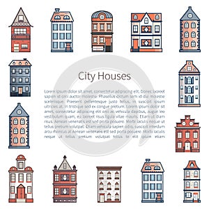 Vector cartoon flat line city houses background