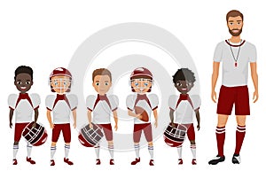 Vector Cartoon flat school american football boys team standing with their coach trainer.