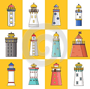 Vector cartoon flat set of lighthouses isolated on background