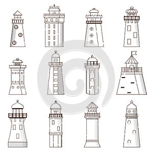 Vector cartoon flat set of lighthouses isolated on background