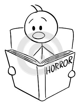 Vector Cartoon of Frightened Man Reading Scary Horror Book