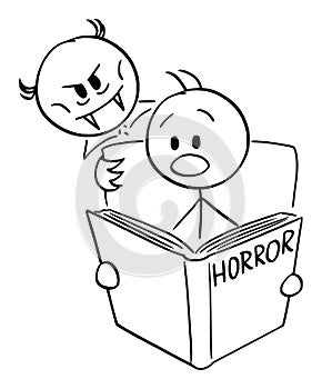 Vector Cartoon of Frightened Man Reading Scary Horror Book and Vampire is Looking Over His Shoulder