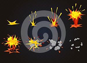 Vector cartoon front boom explosion effect with smoke. Flash explode animation for game.