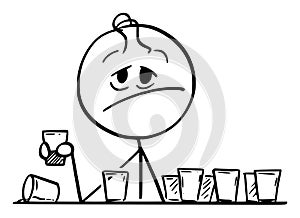 Vector Cartoon of Frustrated Drunk Man Sitting with Many Empty Glasses on Table