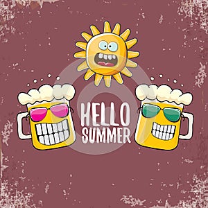 Vector cartoon funky beer glass character and summer sun isolated on grunge background. Hello summer text and funky beer