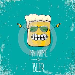 Vector cartoon funky fresh beer glass character on grunge azure background.vector beer comic label or poster