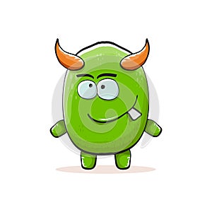 Vector cartoon funky green monster with horn isolated on white background. Smiling silly green monster print sticker