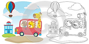 Vector cartoon of funny animals on red bus going to school, coloring book or page