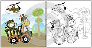 Vector cartoon of funny animals troops with military vehicles