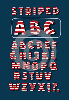 Vector cartoon funny Christmas striped candy alphabet letters.