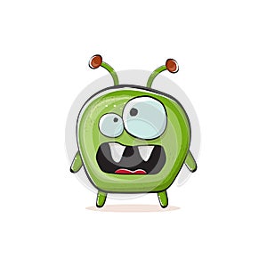 Vector cartoon funny green alien monster isolated on white background. Smiling silly green monster print sticker design