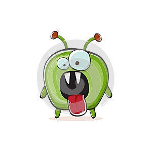 Vector cartoon funny green alien monster isolated on white background. Smiling silly green monster print sticker design