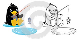 Vector cartoon of funny penguin fishing. Coloring book or page