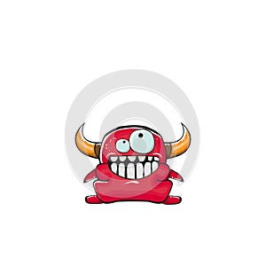 Vector cartoon funny red monster with mouth, eyes and horn isolated on white background. Smiling red cartoon monster