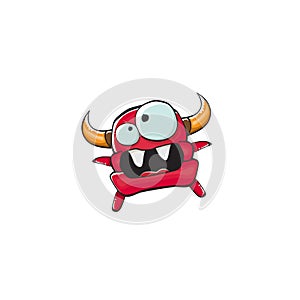 Vector cartoon funny red monster with mouth, eyes and horn isolated on white background. Smiling red cartoon monster