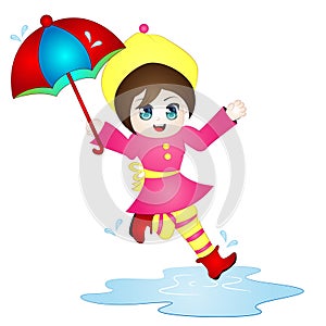 Vector Cartoon girl Jumping in puddle