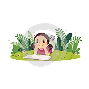 Vector cartoon girl lying on the grass and reading book