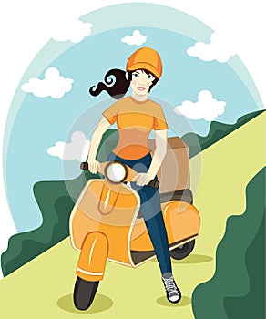 Vector cartoon girl riding scooter. Delivery Package service poster background template with female character on motorcycle
