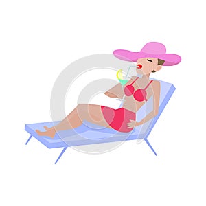 Vector cartoon girl in swimsuit lies on deckchair