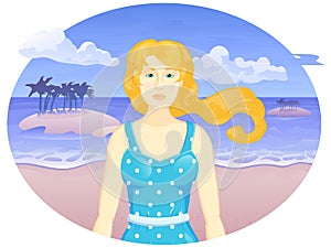 Vector cartoon girl on th beach