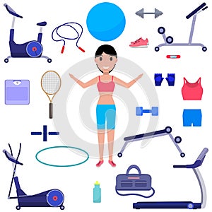 Vector cartoon girl with various sports equipment