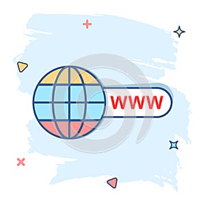 Vector cartoon go to web icon in comic style. Globe world sign illustration pictogram. WWW url business splash effect concept