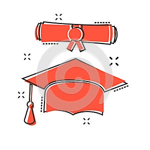 Vector cartoon graduation cap and diploma scroll icon in comic s