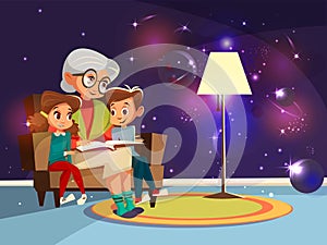 Vector cartoon grandmother reading to girl boy