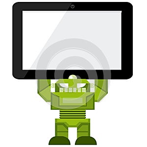 Vector Cartoon Green Robot Holding A Tablet