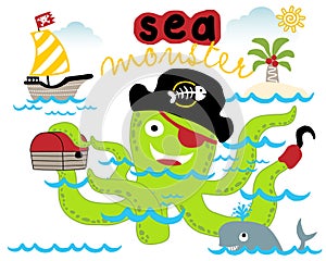 Vector cartoon of green sea monster in pirate accessories with sailboat, island and whale