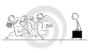 Vector Cartoon of Group of Men or Businessmen Running Away from Auditor, Inspector or Examiner