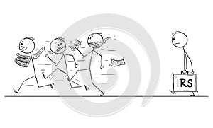 Vector Cartoon of Group of Men or businessmen Running Away in Fear From IRS or Taxation Authority Officer