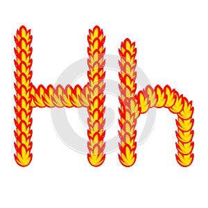 Vector cartoon of `H` alphabet letter in the shape of hot fire