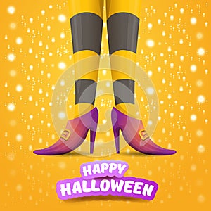 Vector cartoon halloween party poster with women witch legs and vintage ribbon with text happy halloween on orange