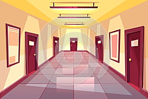 Vector cartoon hallway, corridor with many doors