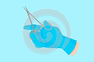 Vector cartoon hand of a dentist in a blue glove that hold a dental instrument: endodontic forceps for dental procedures