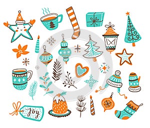 Vector cartoon hand-drawn collection of traditional Christmas set, isolated on white background.