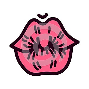 vector cartoon hand-drawn female pink lips isolated on a white background. a kiss.