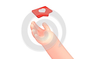 Vector cartoon hand receive red heart like bubble