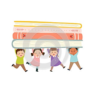 Vector cartoon happy children carrying pile of books