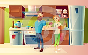 Vector cartoon happy couple in a modern kitchen