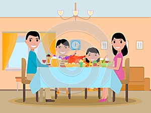 Vector cartoon happy family festive dinner table