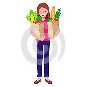 Vector cartoon happy girl holding eco paper grocery bag with fresh healthy food