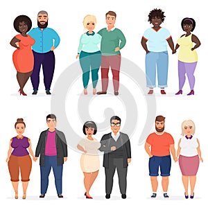 Vector Cartoon happy and smiling plus size people couples. Man and woman. Curvy, overweight fat people in casual dress