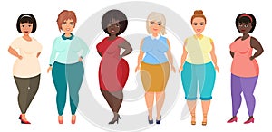 Vector Cartoon happy and smiling plus size woman females. Curvy, overweight girl in casual dress clothes.